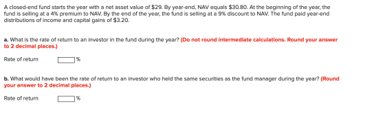 A closed-end fund starts the year with a net asset value of $29. By year-end, NAV equals $30.80. At the beginning of the year