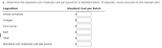 a. Determine the standard unit materials cost per pound for a standard batch. If required, round amounts to the nearest cent.