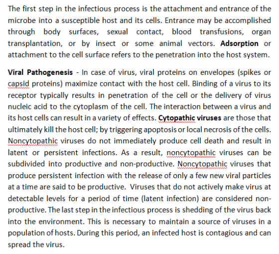 The first step in the infectious process is the attachment and entrance of the microbe into a susceptible host and its cells.