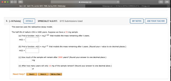 A webassign.net Sect. 4.6 - Math 176, section 6817, 7996, Spring 2020 Webassign Webassign.net 1. [-13 Points] DETAILS SPRECAL
