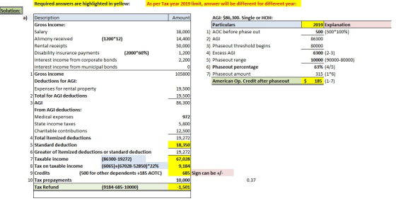 Required answers are highlighted in yellow: As per Tax year 2019 limit, answer will be different for different year: Solution