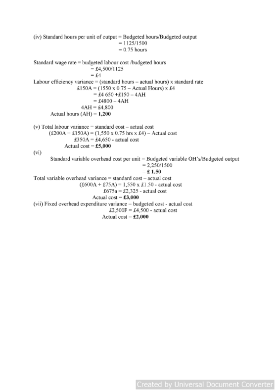 (iv) Standard hours per unit of output Budgeted hours/Budgeted output = 1 1 25/1 500 -0,75 hours Standard wage rate budgeted