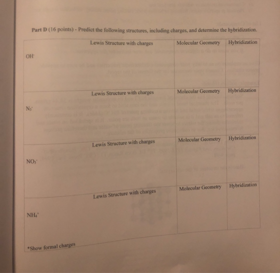 Part D (16 points) - Predict the following structures, including charges, and determine the hybridization Lewis Structure wit