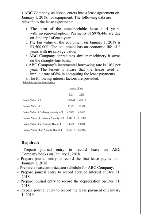 3. ABC Company, as lessee, enters into a lease agreement on January 1, 2018, for equipment. The following data are relevant t