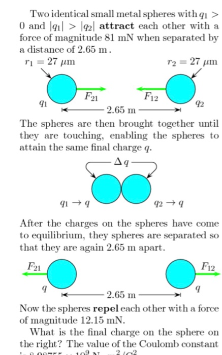 Two identical small metal spheres withqi > 0 and attract each other with a force of magnitude 81 mN when separated by a distance of 2.65 m. r2 27 m 21 F12 1 42 2.65 m The spheres are then brought together until they are touching, enabling the spheres to attain the same final charge q. 29 After the charges on the spheres have come to equilibrium, they spheres are separated so that they are again 2.65 m apart. F21 F12 2.65 m Now the spheres repel each other with a force of magnitude 12.15 mN What is the final charge on the sphere on the right? The value of the Coulomb constant