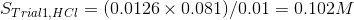 Strial1,Hci = (0.0126 x 0.081)/0.01 = 0.102M