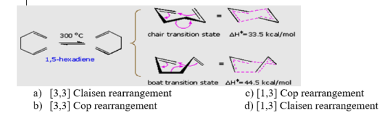 300 °C chair transition state AH-33.5 kcal/mol 1,5-hexadiene boat transition state AH-44.5 kcal/mol a) [3,3] Claisen rearrang