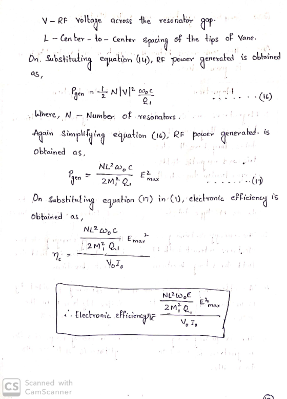 V-RF voltage across the resonator gap. We -- Center - to - Center Spacing of the tips of Vane. On. Substituting equation (14)