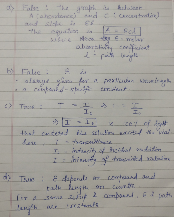 False : The graph is between A Cabsorbance) and c ( concentration) and slope is El The equation is A = Ecl where Am bag & = m