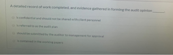 A detailed record of work completed, and evidence gathered in forming the audit opinion is confidential and should not be sha