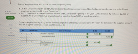 For each separate case, record the necessary adjusting entry, a. On July 1, Lopez Company paid $1.200 for six months of insur