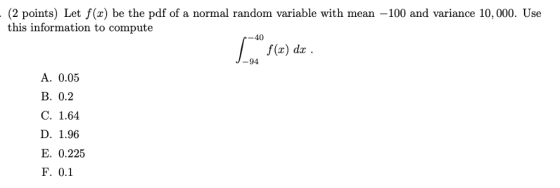 (2 points) Let f(x) be the pdf of a normal random variable with mean -100 and variance 10,000. Use this information to comput