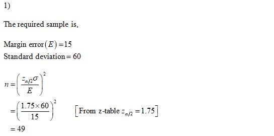 1) The required sample is. Margin error(E)=15 Standard deviation=60 = (1-75560) [From z-able =an=1.75] = 49