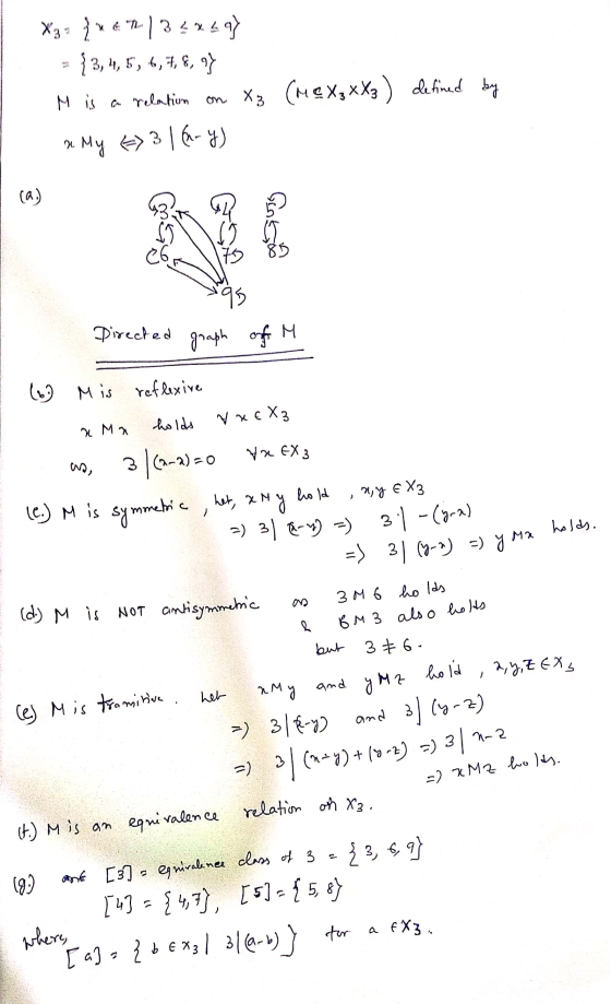 3- {net | 32 x 2 ay - 3,4,5,6,7,8,9) on X₂ a My => 3 1 (nry) (Me Xzxxz) defined by M is a relation ca. ebr 75 85 95 Directed