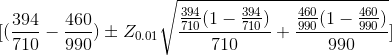 [(\frac{394}{710}-\frac{460}{990})\pm Z_{0.01}\sqrt{\frac{\frac{394}{710}(1-\frac{394}{710})}{710}+\frac{\frac{460}{990}(1-\frac{460}{990})}{990}}]