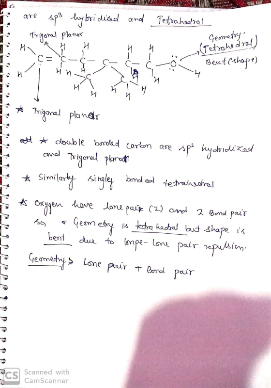 ell 42 Geometry 2 are sp3 hybridized and Tetrahedral igonal planar A H H H H (Tetrahedral) = -&- = Ć-Ć -ös Bent (shope) HI Hi
