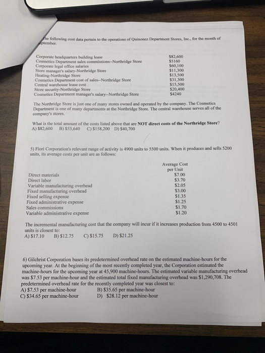 The following cost data pertain to the operations of Quinone Department Stores, Inc., for the month of plember Corporate head