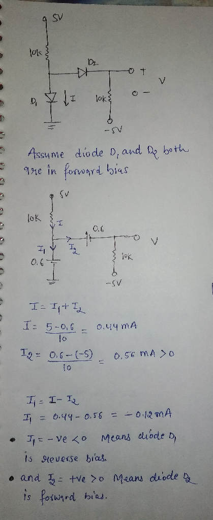 9 Sv . & li lok of - E Assume diode D, and Do both are in forward bias lok & AY RYY 0.67 1 -SV I- It I In 5-0.6 - 0.44 MA Tg