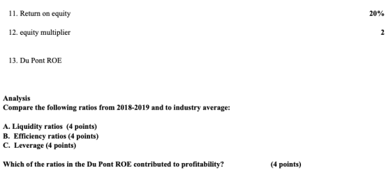 11. Return on equity 20% 12. equity multiplier 2 13. Du Pont ROE Analysis Compare the following ratios from 2018-2019 and to