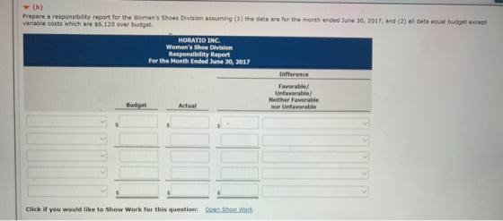 (b) Prepare a responsibility report for the Womens Shoes Division assuming (1) the data are for the month ended June 30, 201