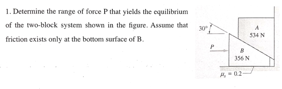 1. Determine the range of force P that yields the equilibrium of the two-block system shown in the figure. Assume that fricti