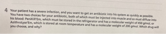 4 Your patient has a severe infection, and you want to get an antibiotic into his system as quickly as possible. You have two