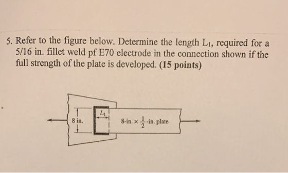 5. Refer to the figure below. Determine the length L1, required for a 5/16 in. fillet weld pf E70 electrode in the connection