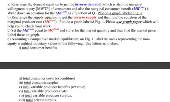 a) Rearrange the demand equation to get the inverse demand (which is also the marginal willingness to pay [MWTP) of consumers