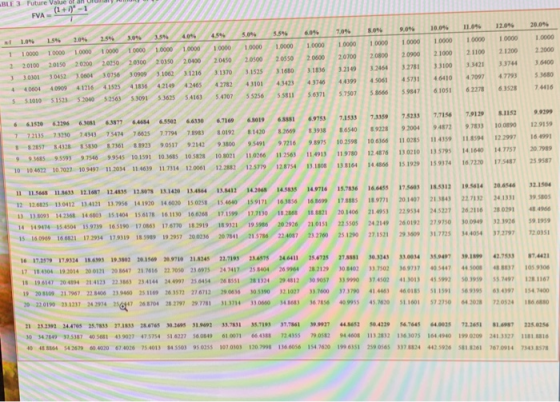 BLE 3 Future Value of a (1+1)-1 FVA 1 20.0% 11.096 9.096 10.046 7,096 SOS 5.596 5.096 4.09 3.045 10000 1 0000 LON 10000 2.5%