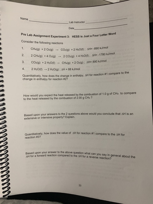 Name Lab Instructor Date SS is Just a Four Letter Word UUUUUUU Pre Lab Assignment Experiment 3: HESS is Just a Four Le Consid