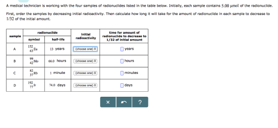 A medical technician is working with the four samples of radionuclides listed in the table below. Initially, each sample contains 5.00 ?mol of the radionuclide First, order the samples by decreasing initial radioactivity. Then calculate how long it will take for the amount of radionuclide in each sample to decrease to 1/32 of the initial amount. time for amount of radionuclide to decrease to 1/32 of Inltial amount radionuclide initial radioactivity sample symbol half-life 13 years (choose one) years Mo 66.0 hours (choose one) hours 42 82 37 Rb 1 minute (choose one): minutes 192 Ir 74.0 days (choose one) days