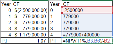 Year CF Year ICF 0 $(2,500,000.00) O I-2500000 1 $ 779,000.00 1 779000 2 $ 779,000.00 2 779000 3 $ 779,000.00 3 779000 4 $ 1,