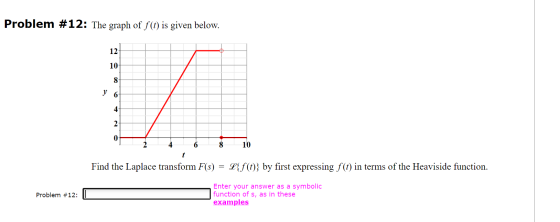 Problem #12: The graph of f(t) is given below. 12 10 8 6 4 2 0 2 4 6 8 10 Find the Laplace transform F($) = L{f(t)} by first
