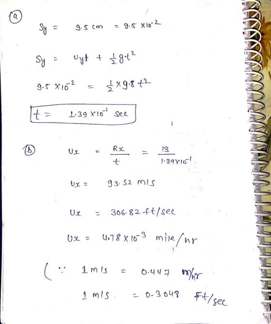 Sy = 9.5 cm = 9.5 x 10-2 Sy = Uyt + + get² 9.5 x162 - x 9.8 +2 It= 1.39x10- see D ux = larion UX = 93.52 mis Ux - 306.82 ft/s