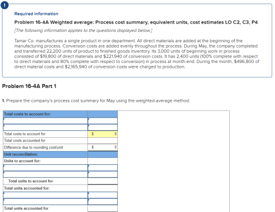 Required information Problem 16-4A Weighted average: Process cost summary, equivalent units, cost estimates LO C2, C3, P4 [Th