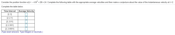 Consider the position function s(t) = -4.912 +28t+24. Complete the following table with the appropriate average velocities an