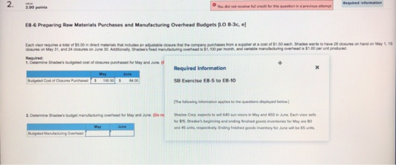 Required information 2.00 points You did not receivelul credit for this question in a previous attem E8-6 Preparing Raw Mater