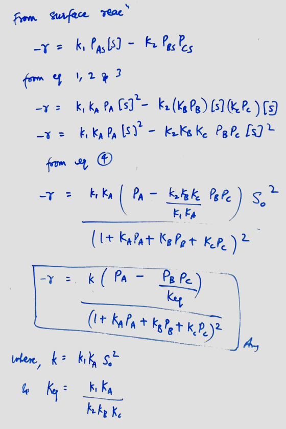 From surface reac - k. Pas (S) -Ya Kz Pos Pcs from eq 1, 2 & 3 -8=K, KA PA [s]²- Kz (KB P8) [s] (kPc ) [5] -8=k, KA PA (5)² -