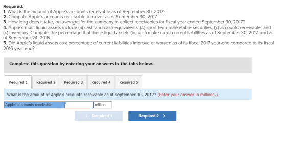 Required: 1. What is the amount of Apples accounts receivable as of September 30, 2017? 2. Compute Apples accounts receivab
