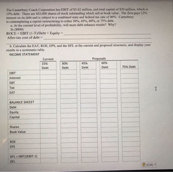 The Canterbury Coach Corporation has EBIT of $3.62 million, and total capital of $20 million, which is 15% debt. There are 42