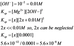 [OH-]=102 = 0.01M
K. = [Mg2+ ][20H-1
K =[x][2x+0,01M ]
2x <<0.01M so, 2x can be neglected
K =[x][0.0001]
5.6x10-12 /0.0001 = 