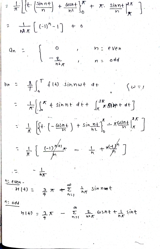 sinnt tot) + losht b2 As +ㅈ. Sinnt HN 기 al n [(-1)-1] to Я 0 an he e Veh 르 LE M2 odd bn = f(t) sinnut at (0) tsinnt att samt
