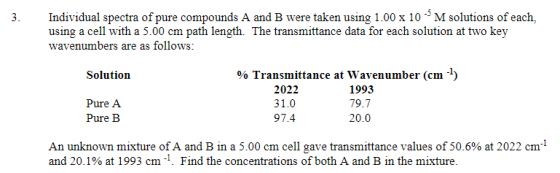 3. Individual spectra of pure compounds A and B were taken using 1.00 x 10M solutions of each, using a cell with a 5.00 cm pa