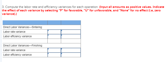 3. Compute the labor rate and efficiency variances for each operation. (Input all amounts as positive values. Indicate the ef