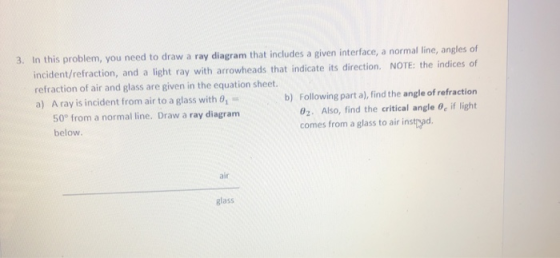 3. In this problem, you need to draw a ray diagram that includes a given interface, a normal line, angles of incident/refract