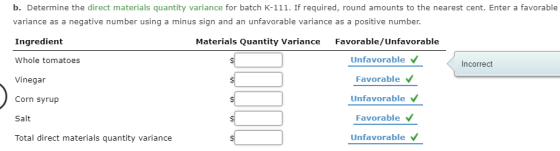 b. Determine the direct materials quantity variance for batch K-111. If required, round amounts to the nearest cent. Enter a