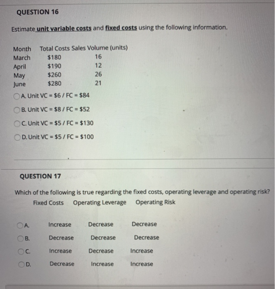 QUESTION 16 Estimate unit variable costs and fixed costs using the following information. Month Total Costs Sales Volume (uni