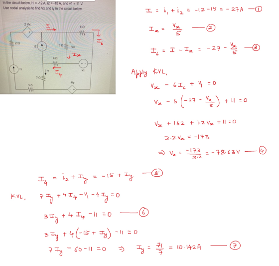 In the circuit below, i1 = -12 A, 12 = -15 A, and v1 = 11 V. Use nodal analysis to find Vx and iy in the circuit below I = i,