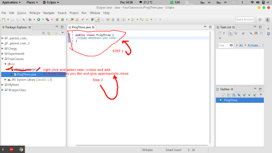 ApplicationsPlaces Eclipse Thu 14:58 27.2℃ 534 1 令49 Eclipse Java - Java - FourClasses/src/ProgThree.,java - Eclipse File Edi