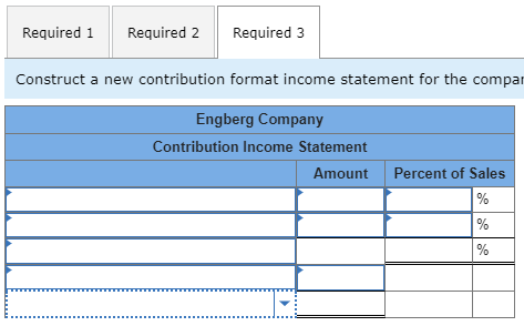 Required 1 Required 2 Required 3 Construct a new contribution format income statement for the compar Engberg Company Contribu
